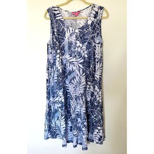 Woman Within Blue Tropical Leaf Print Sleeveless Linen Blend High Low Dress 18W